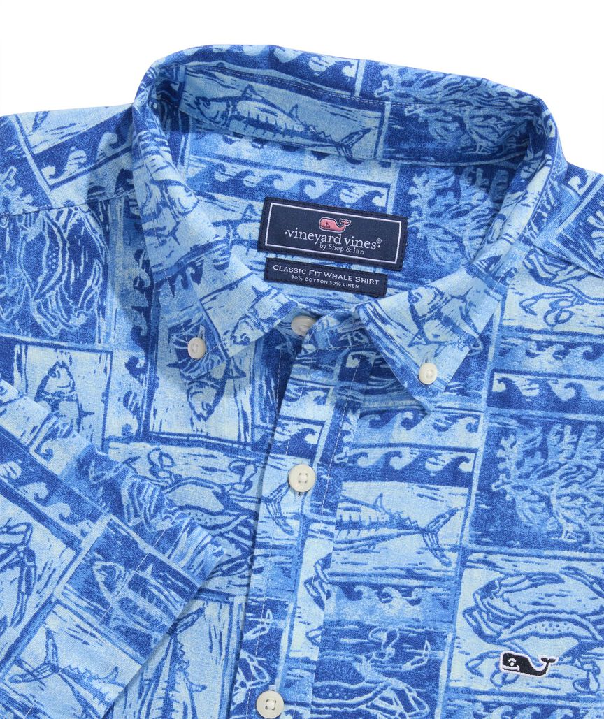 OUTLET Cotton Linen Short-Sleeve Woodblock Sea Life Shirt
