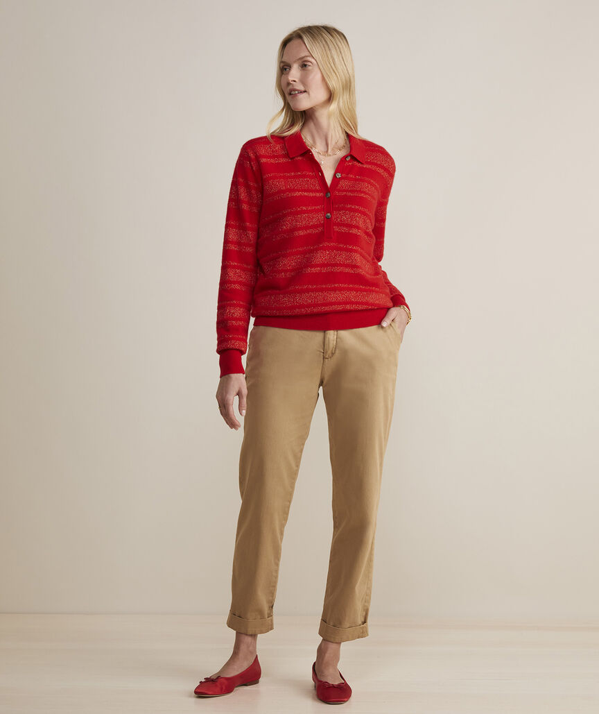 Cashmere Shine Stripe Polo Sweater