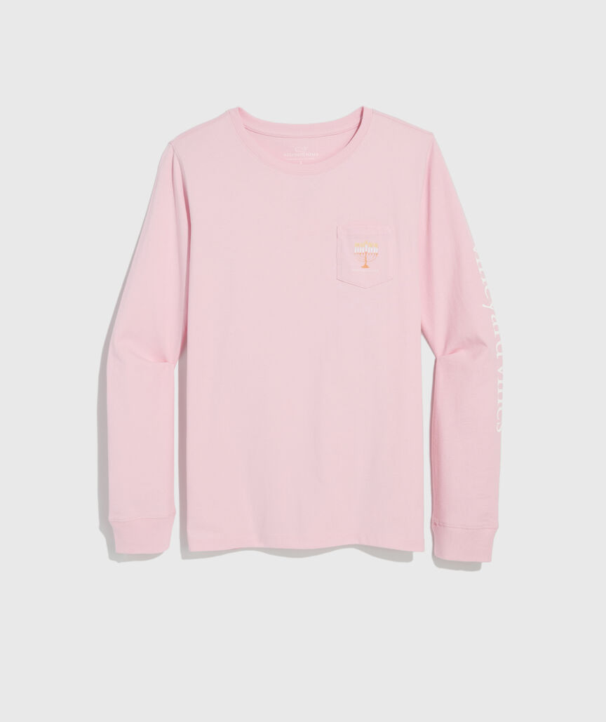 Women's Snowy Hanukkah Window Long-Sleeve Pocket Tee