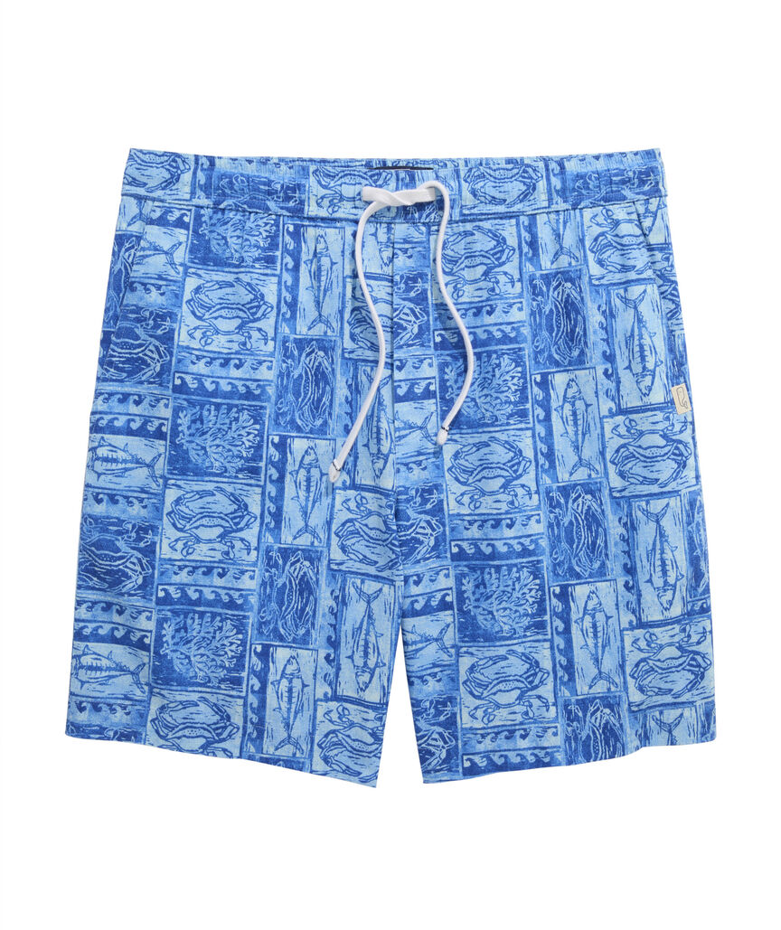 OUTLET 7 Inch Woodblock Sea Life Cotton Linen Pull-On Shorts