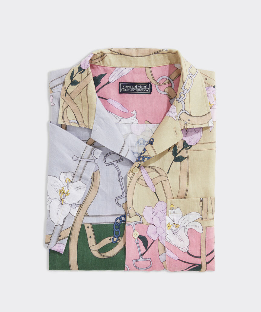 Kentucky Derby Linen Short-Sleeve Scarf Print Shirt