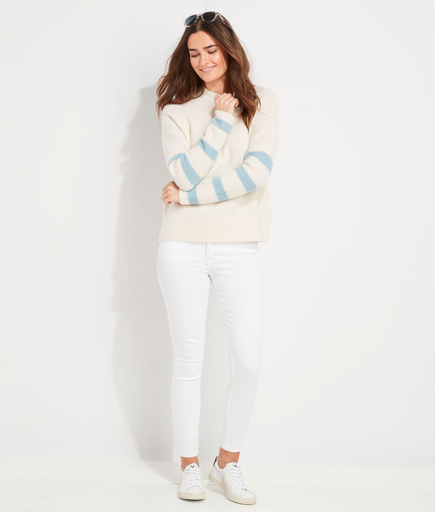 Cashmere Boucle Stripe Sleeve Crewneck Sweater