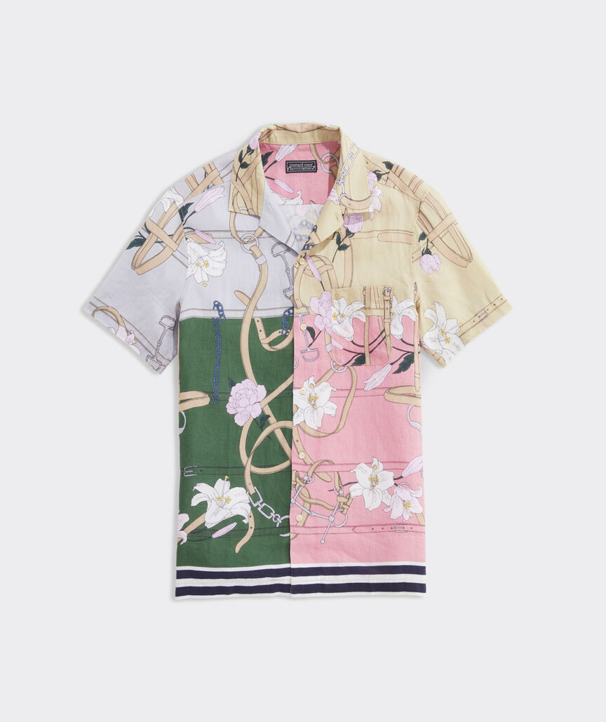 Kentucky Derby Linen Short-Sleeve Scarf Print Shirt