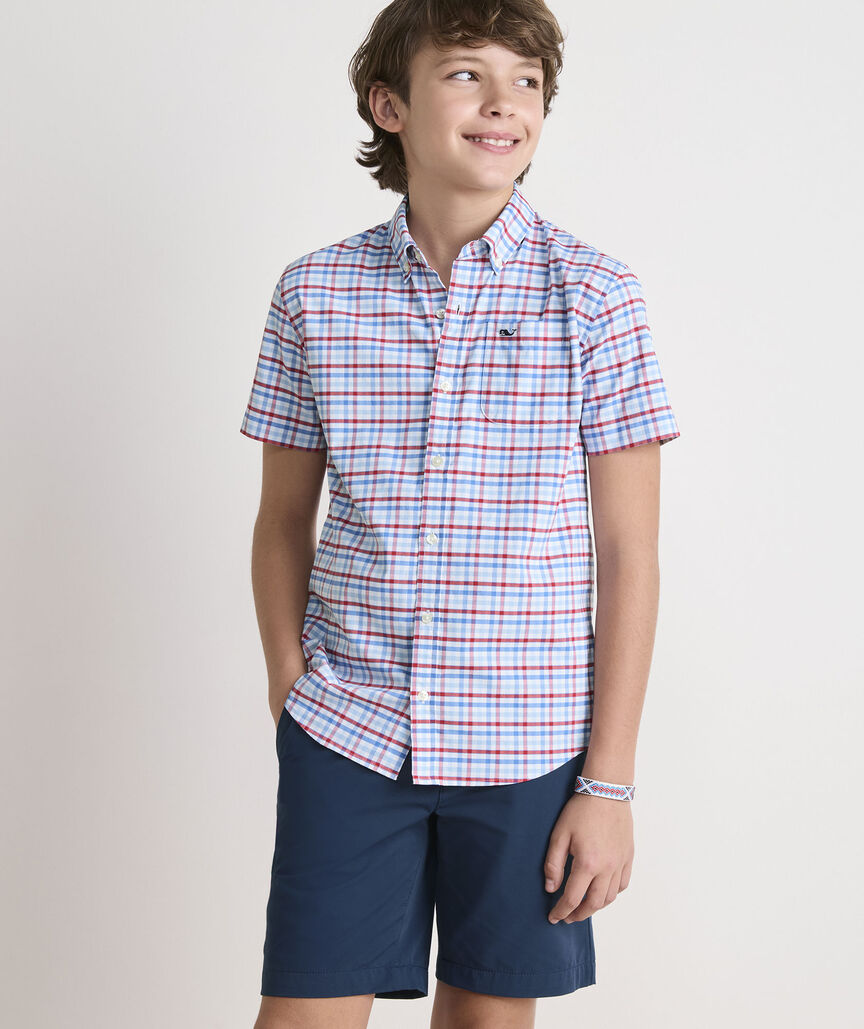Boys' Road Town Tattersall Performance Cotton Short-Sleeve Shirt