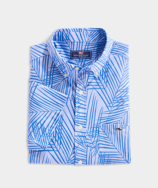 Stretch Cotton Tropical Palm Short-Sleeve Shirt