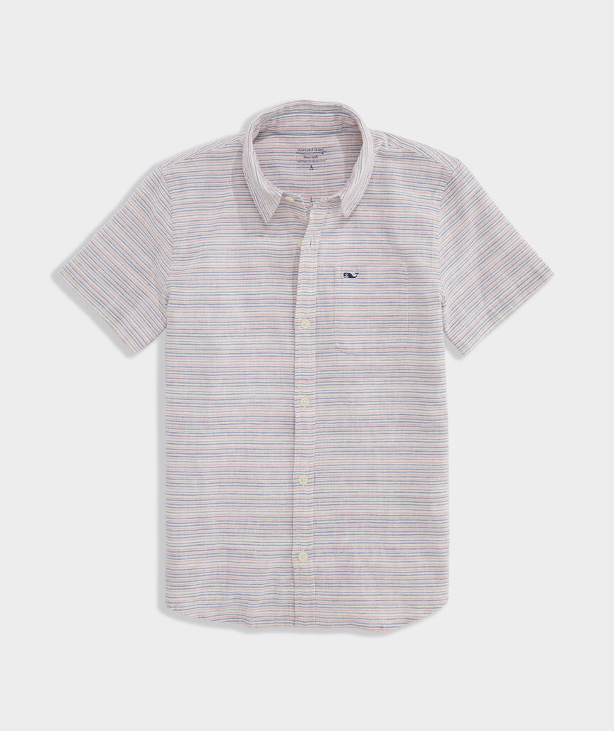 Boys' Stripe Textured Cotton Linen Short-Sleeve Shirt