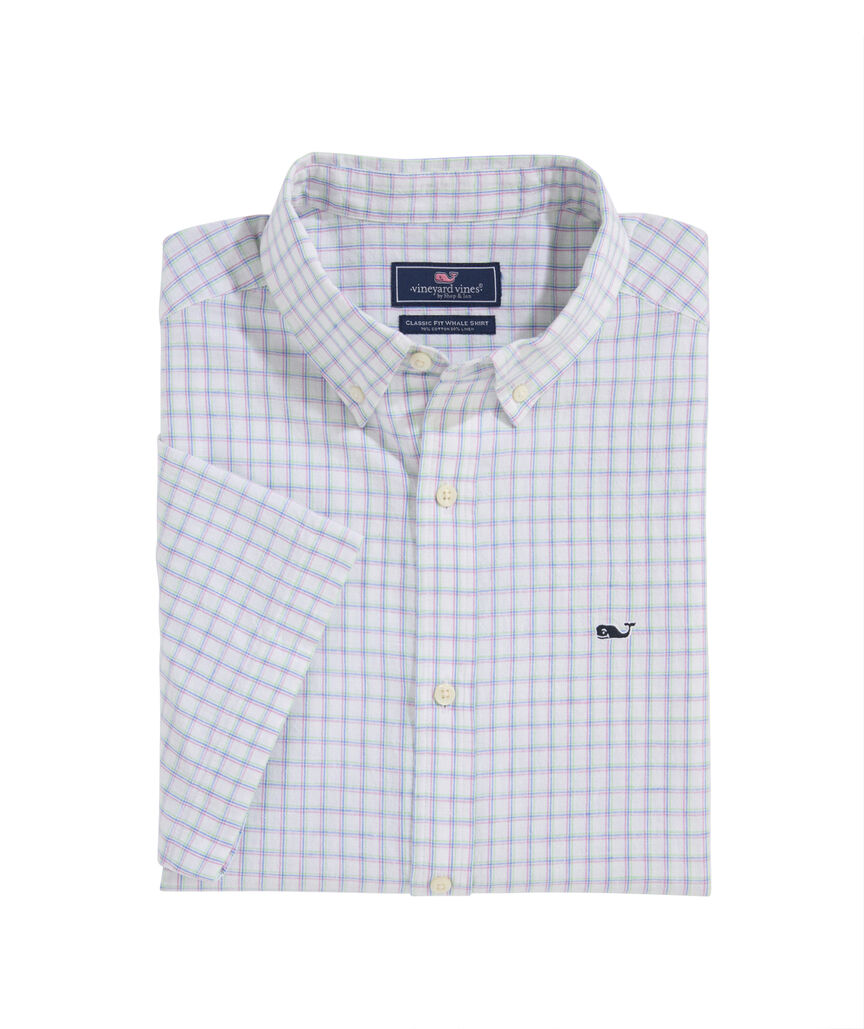 OUTLET Cotton Linen Window Pane Short-Sleeve Shirt