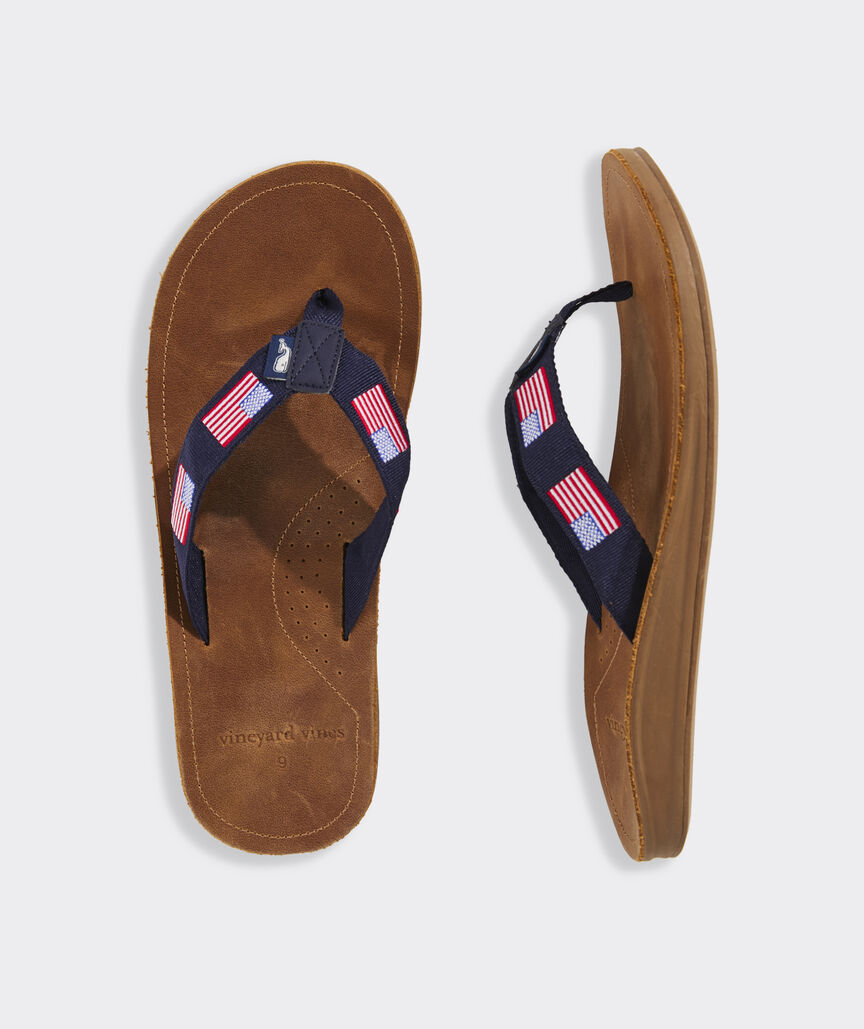Embroidered American Flag Leather Flip Flops