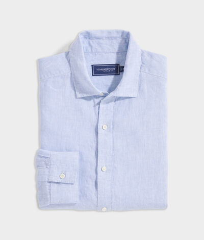 Vineyard Vines Linen Spread Collar Solid Shirt (Blue) (Size: Large)
