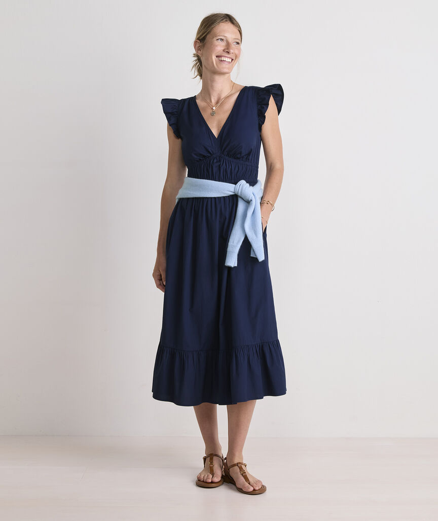 Marina Poplin Flutter-Sleeve Midi Dress