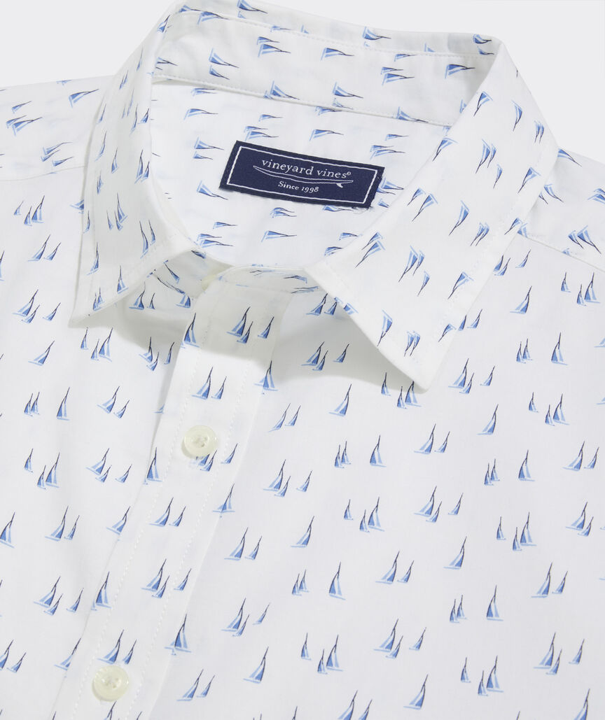 Cotton Madras Short-Sleeve Micro Sailboats Shirt