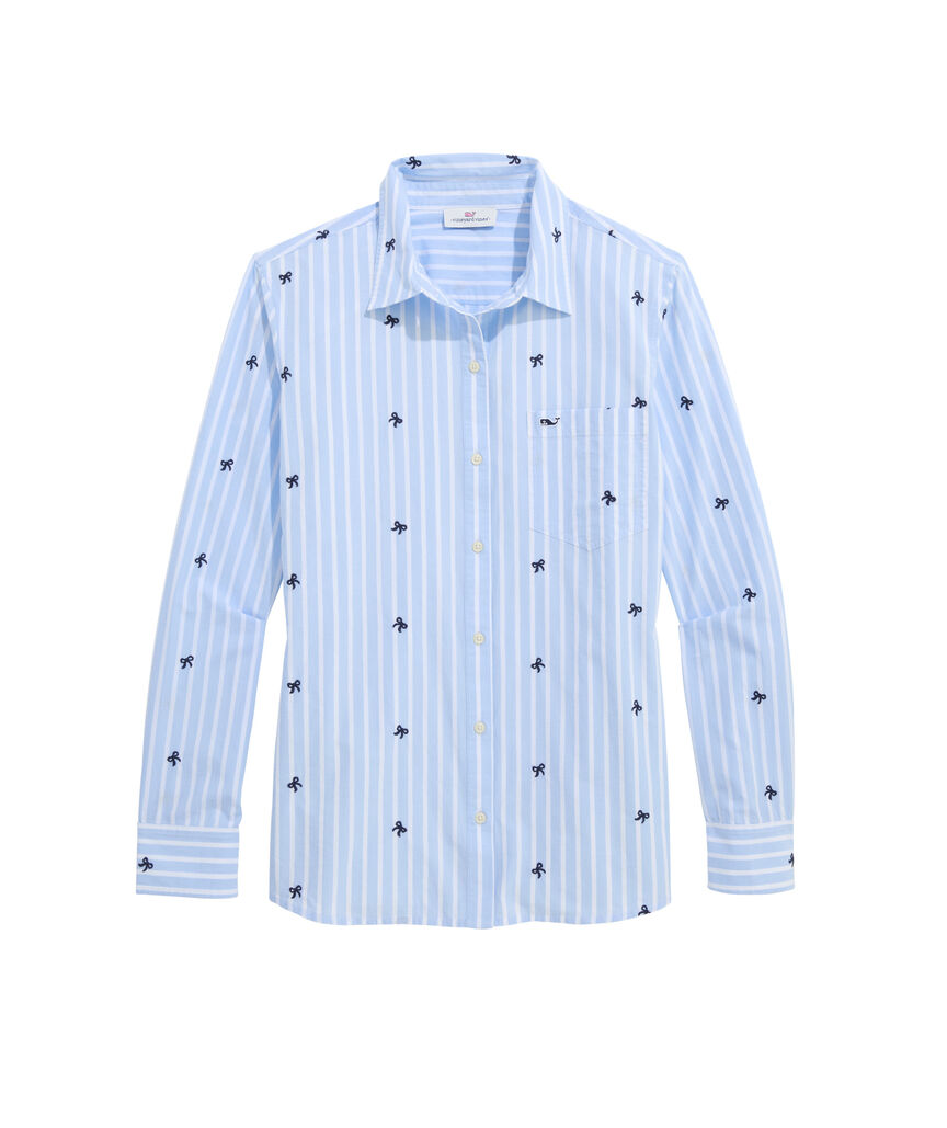 OUTLET Embroidered Bow Stripe Relaxed Button Down-Shirt