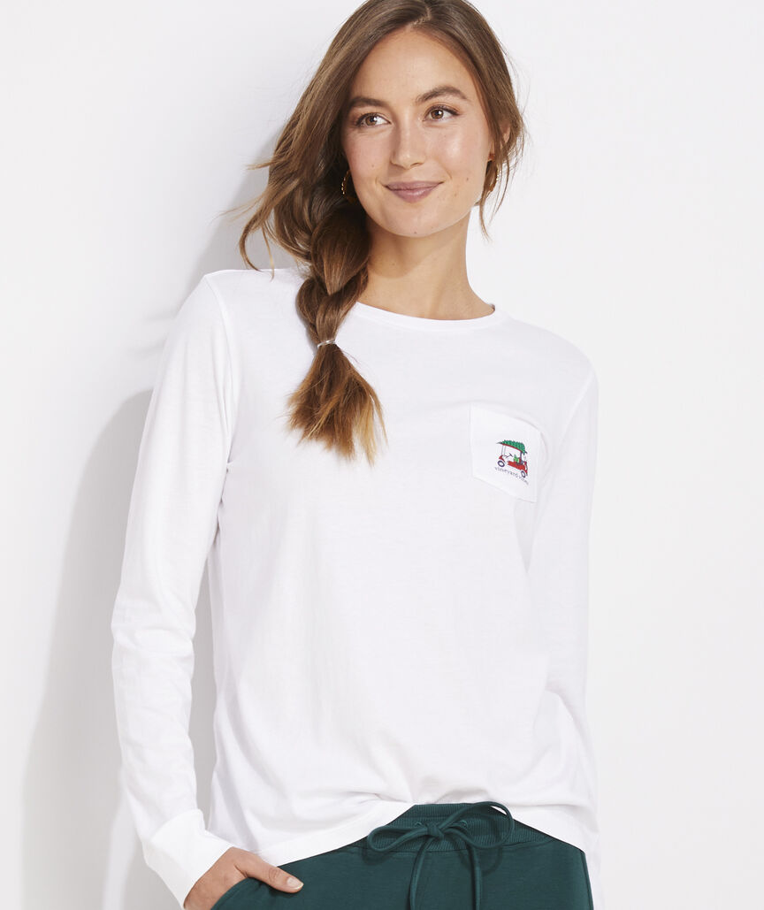 Women's Christmas Golf Cart Long-Sleeve Pocket Tee