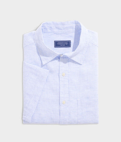 Vineyard Vines Linen Short-Sleeve Stripe Shirt (Blue) (Size: Medium)