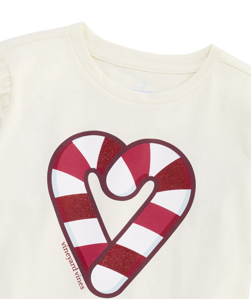 OUTLET Girls' Glitter Candy Cane Puff-Sleeve Tee
