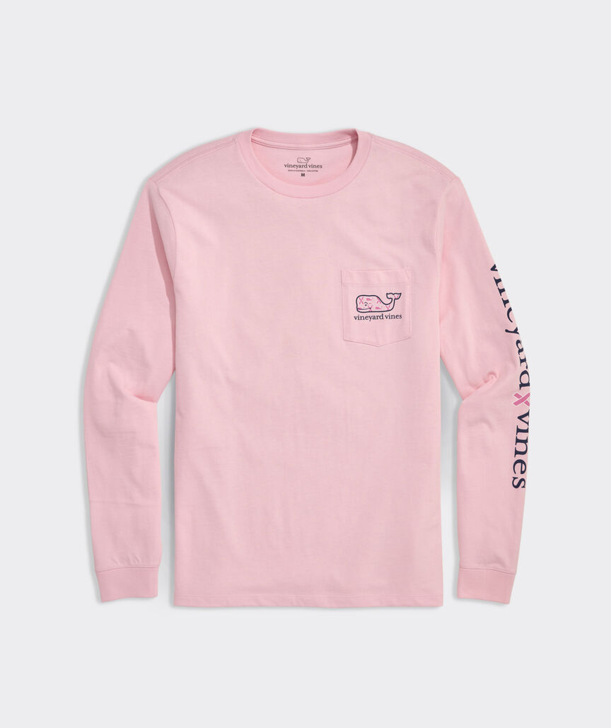 Men's Breast Cancer Awareness Ribbon Whale Long-Sleeve Pocket Tee