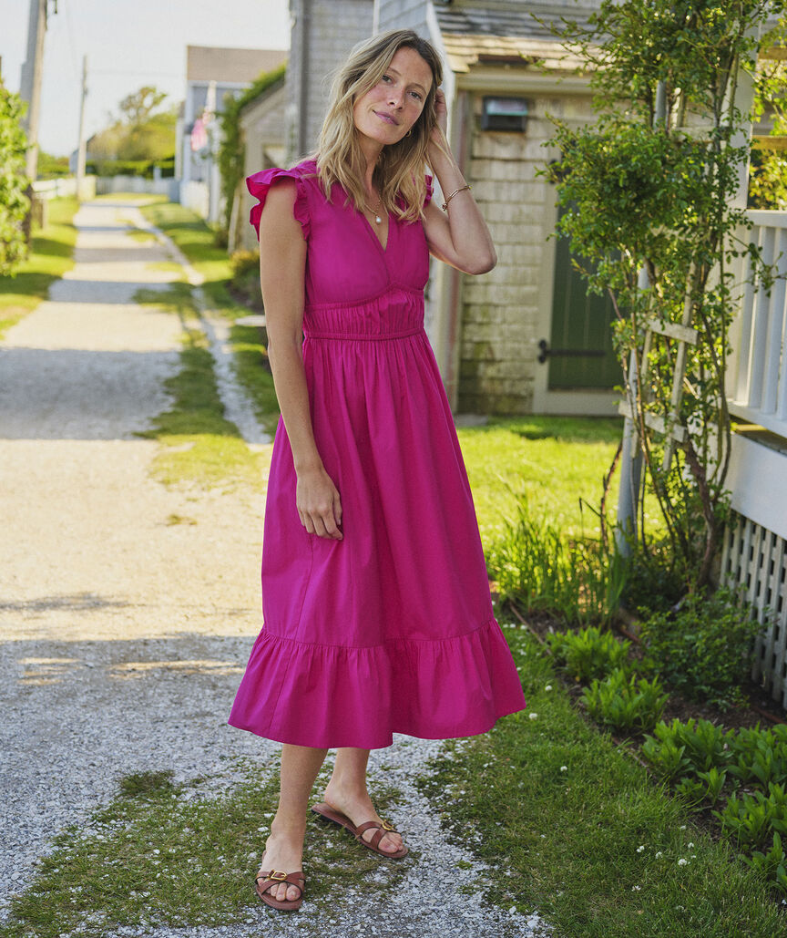 Marina Poplin Flutter-Sleeve Midi Dress