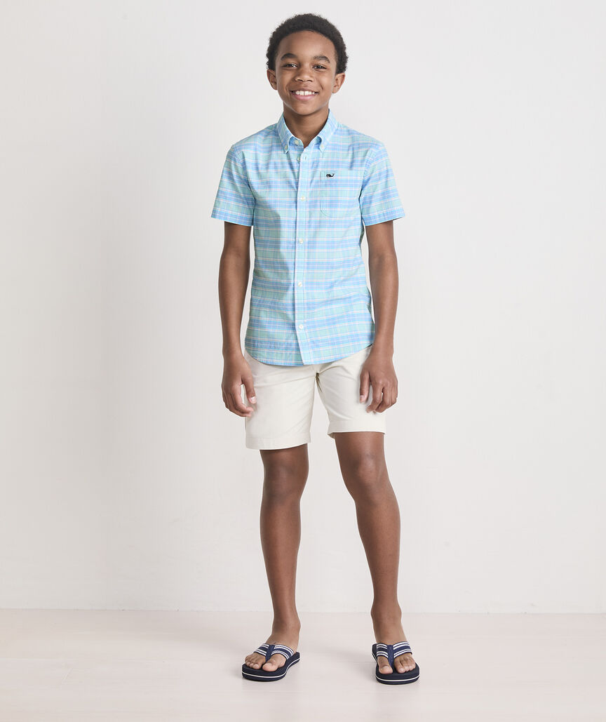 Boys' Plumeria Plaid Performance Cotton Short-Sleeve Shirt