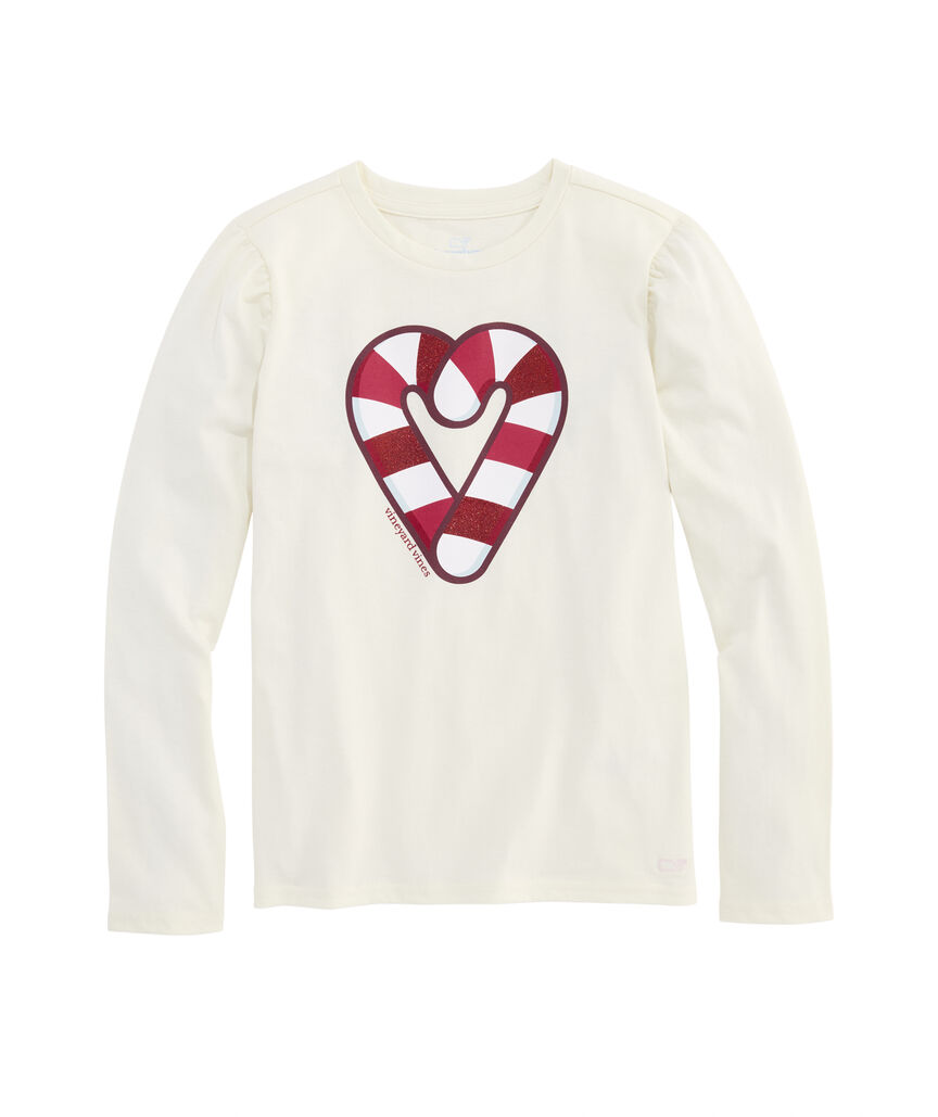 OUTLET Girls' Glitter Candy Cane Puff-Sleeve Tee
