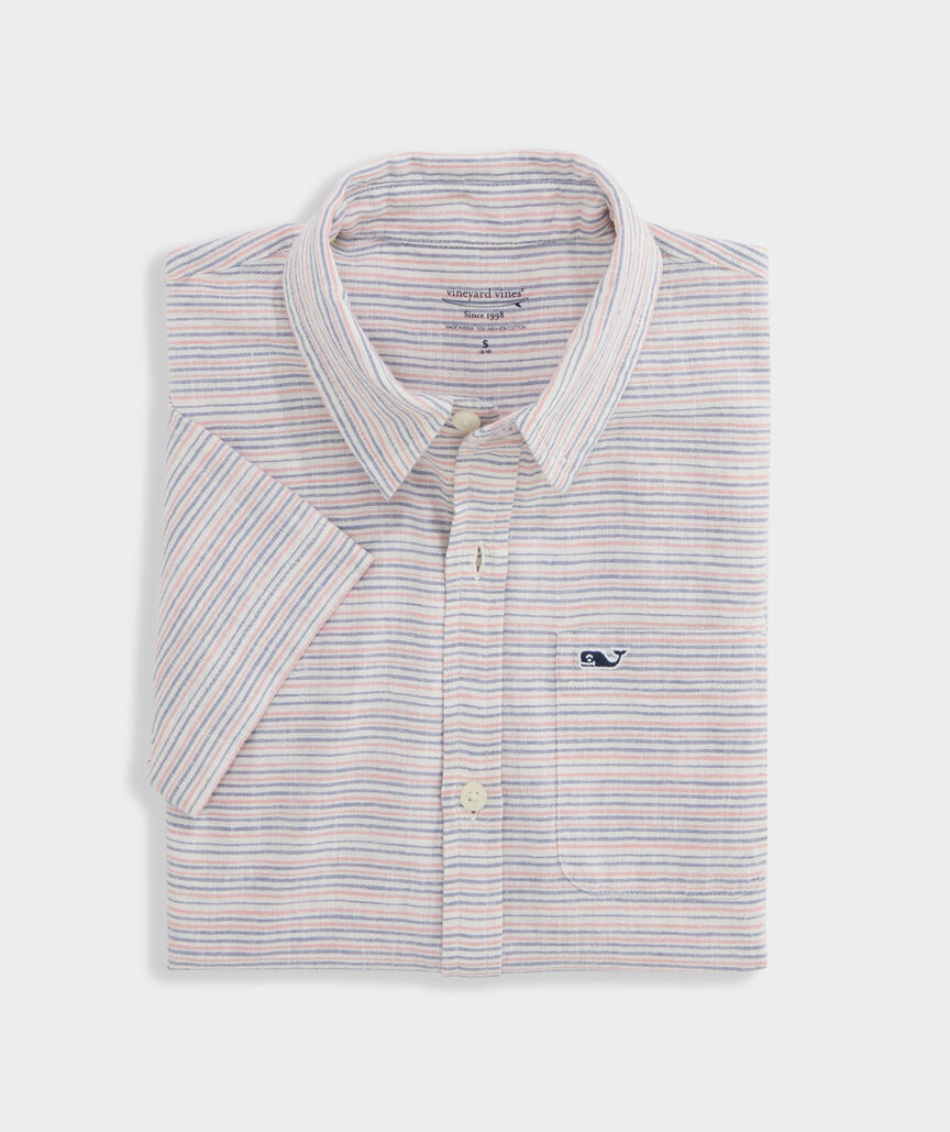 Boys' Stripe Textured Cotton Linen Short-Sleeve Shirt