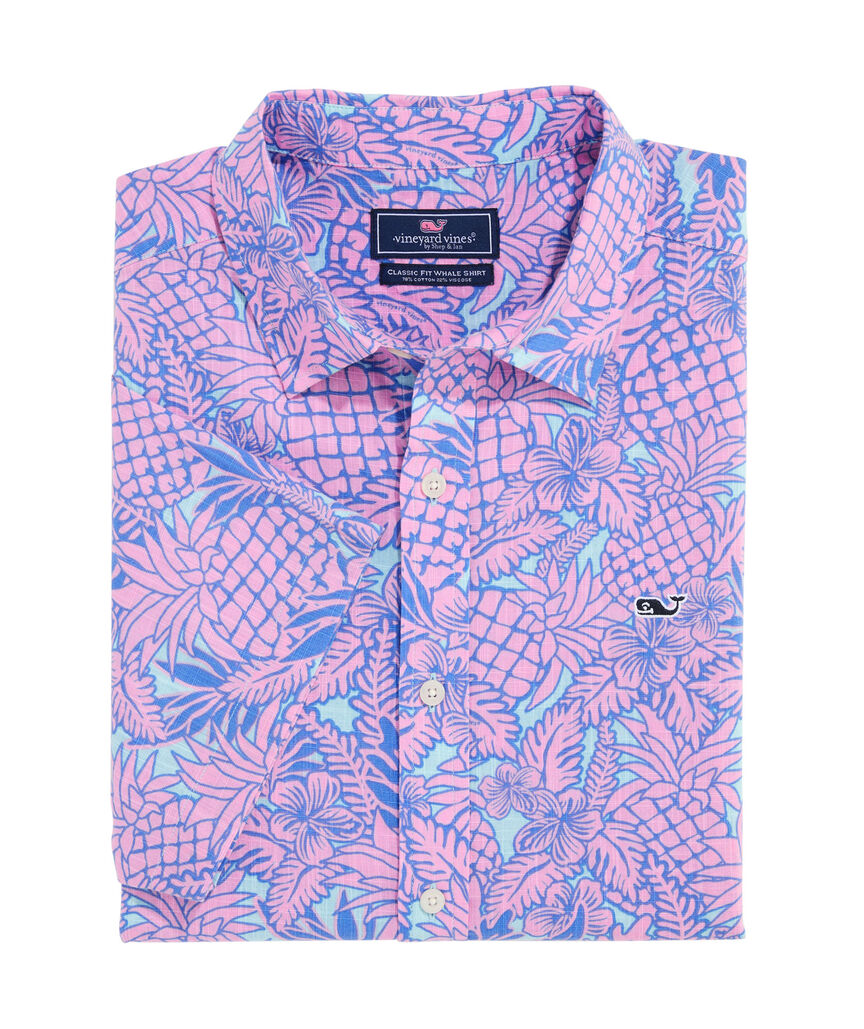OUTLET Slub Cotton Short-Sleeve Pineapple & Flower Shirt