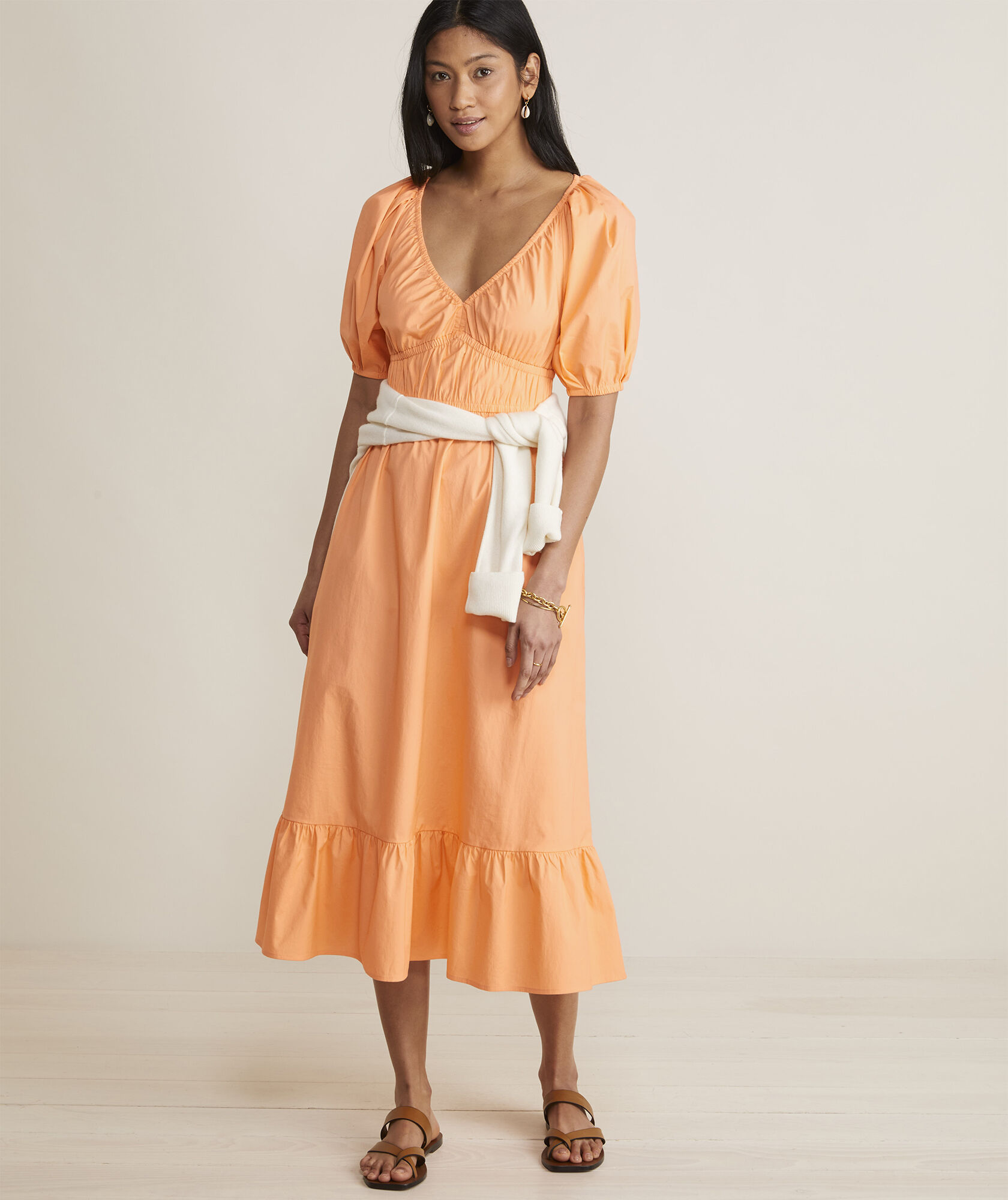 Marina Poplin Puff-Sleeve Midi Dress