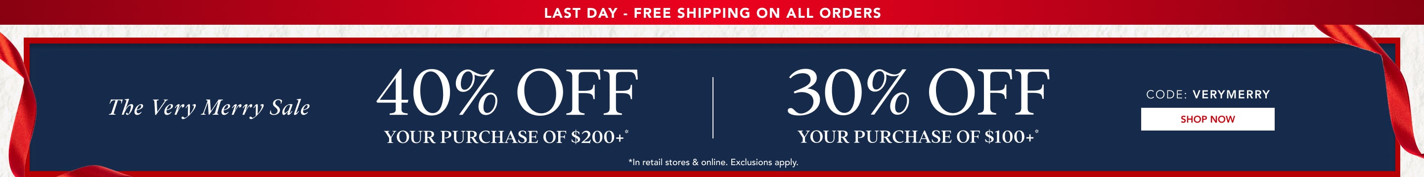 40% off $200+ purchase* | 30% off $100+ purchase and free shipping*