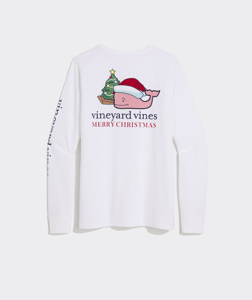 Women's Santa Whale Tree Ornaments Long-Sleeve Pocket Tee