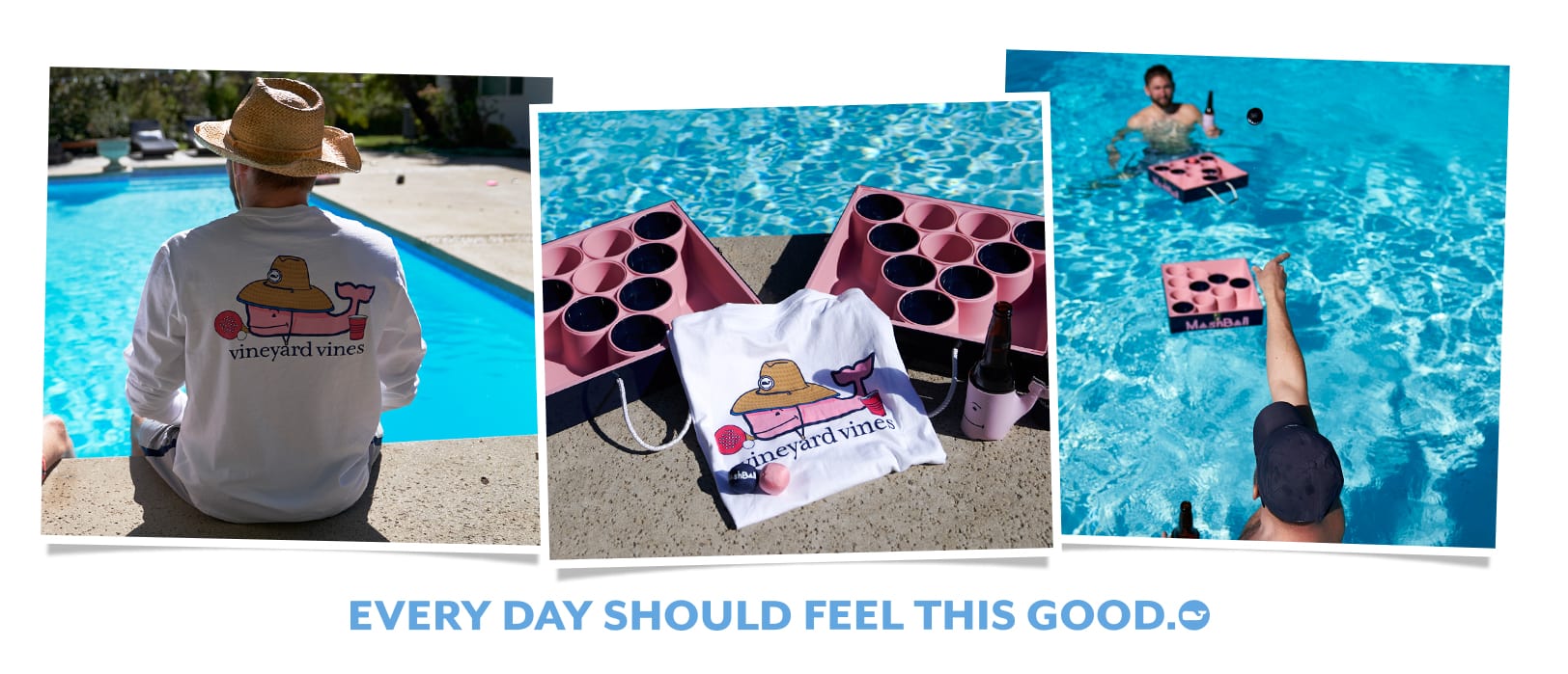 Picture's of people sitting by the pool wearing our limited edition t-shirt and playing mashball.