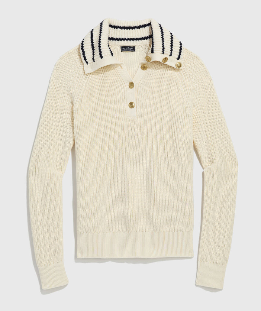 Ribbed Button-Collar Sweater