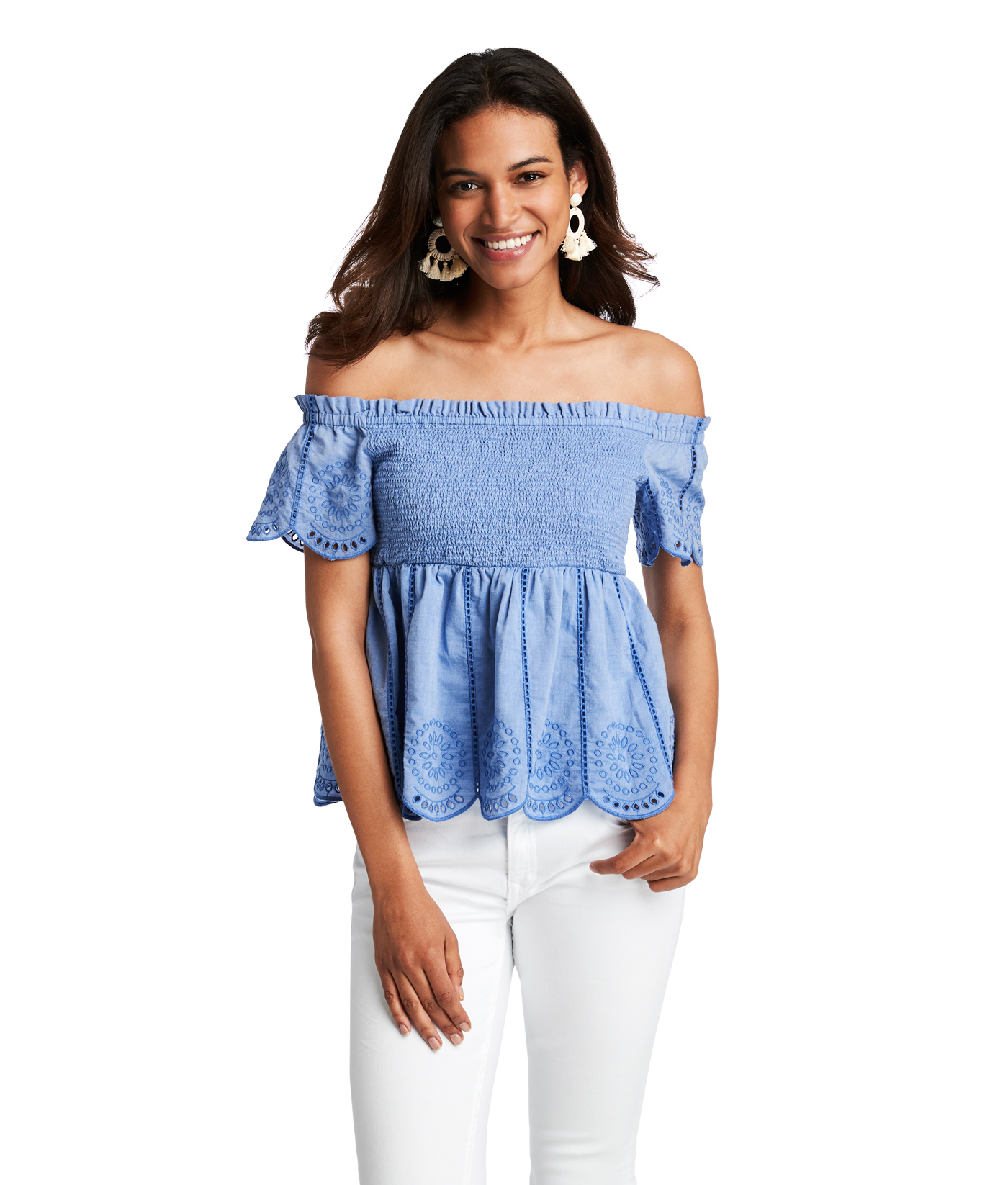 Shop Off-The-Shoulder Eyelet Smocked 