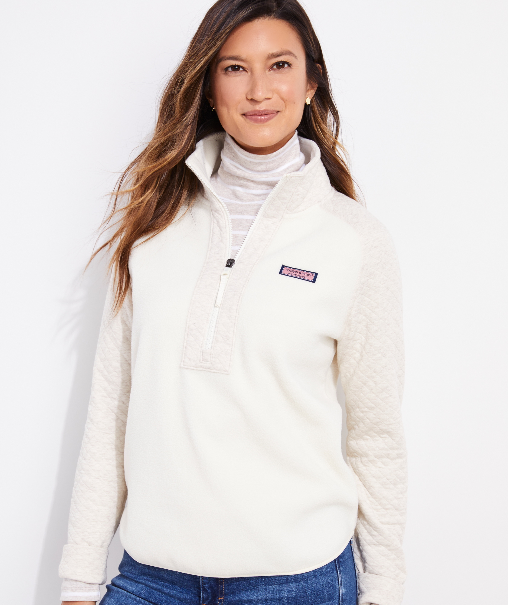 white sherpa half zip