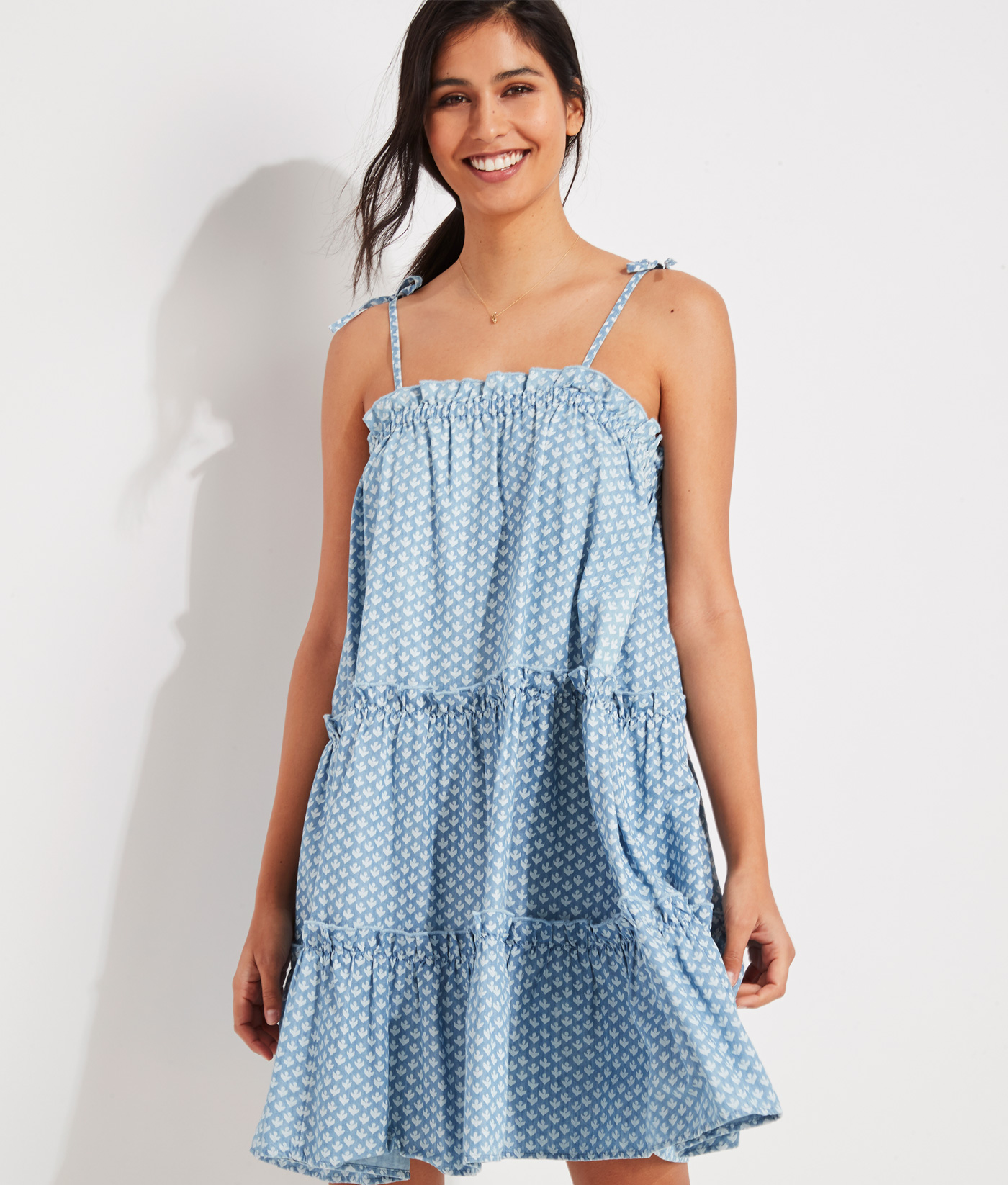 Iceberg Green Chambray Floral Embroidered Tiered Dress